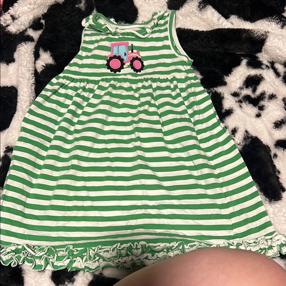 4T Green Striped Kids Dress with Tractor Design